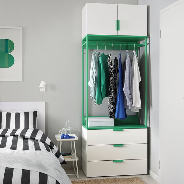 PLATSA - PLATSA Wardrobe with 2 doors+3 drawers, white/Fonnes green, 80x42x221 cm