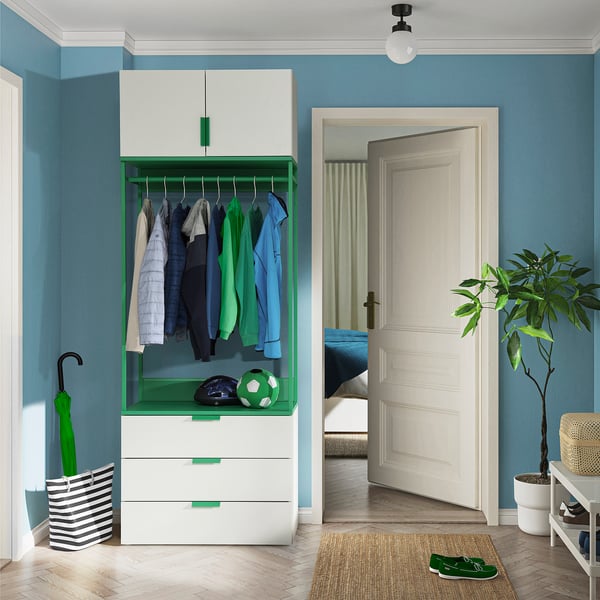 PLATSA wardrobe with 2 doors+3 drawers, white/Fonnes green, 80x42x221 cm