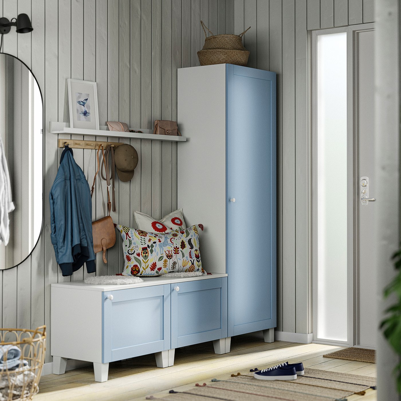 PLATSA wardrobe with 3 doors, white/Sannidal blue, 180x42x191 cm
