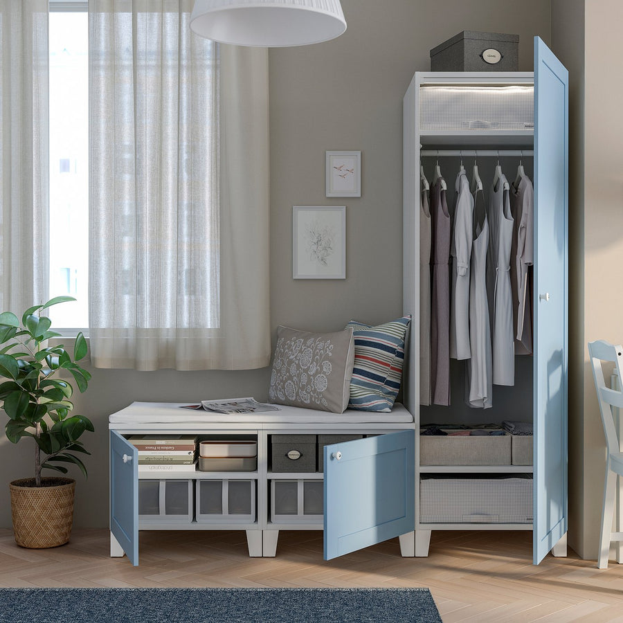 PLATSA wardrobe with 3 doors, white/Sannidal blue, 180x57x191 cm