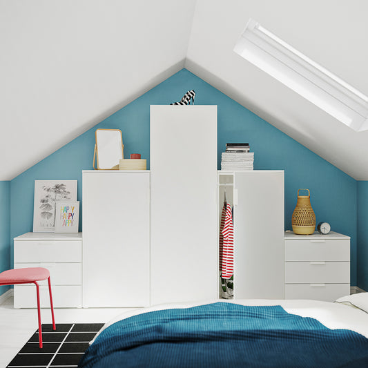 PLATSA wardrobe with 3 doors+6 drawers, white/Fonnes white, 300x57x181 cm