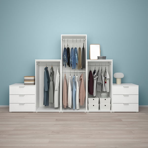 PLATSA wardrobe with 3 doors+6 drawers, white/Fonnes white, 300x57x181 cm