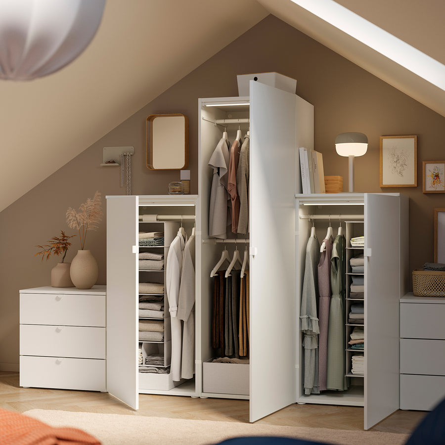 PLATSA wardrobe with 3 doors+6 drawers, white/Fonnes white, 300x57x181 cm