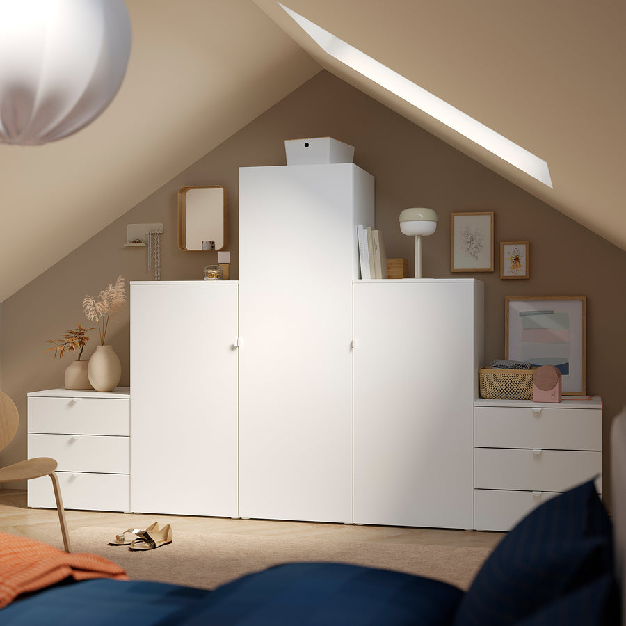 PLATSA wardrobe with 3 doors+6 drawers, white/Fonnes white, 300x57x181 cm