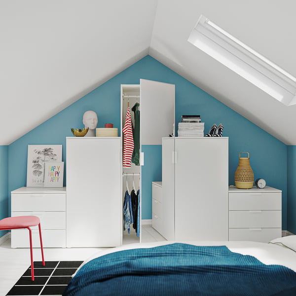 PLATSA wardrobe with 3 doors+6 drawers, white STRAUMEN mirror glass/FONNES white, 300x57x181 cm