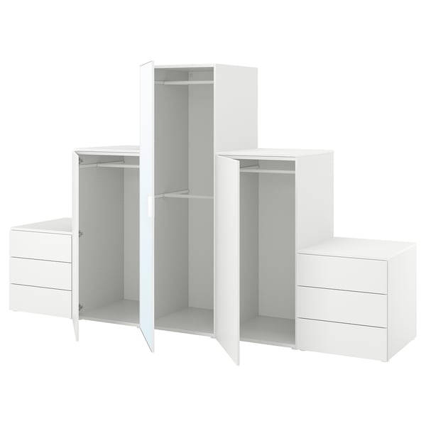 PLATSA wardrobe with 3 doors+6 drawers, white STRAUMEN mirror glass/FONNES white, 300x57x181 cm