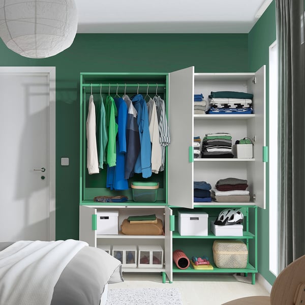 PLATSA wardrobe with 4 doors, white Fonnes/green, 160x42x191 cm