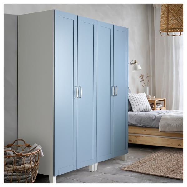 PLATSA wardrobe with 4 doors, white/Sannidal blue, 160x57x191 cm