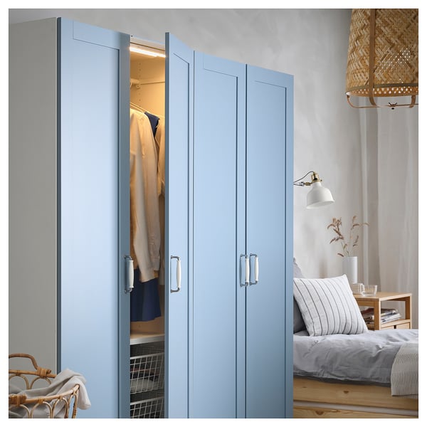 PLATSA wardrobe with 4 doors, white/Sannidal blue, 160x57x191 cm