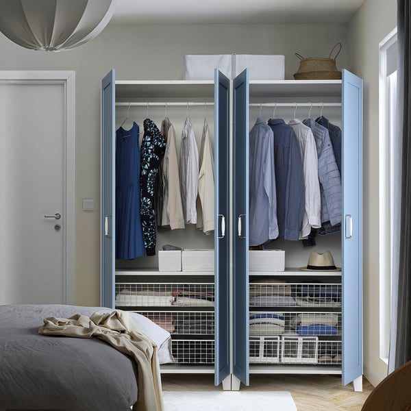 PLATSA wardrobe with 4 doors, white/Sannidal blue, 160x57x191 cm