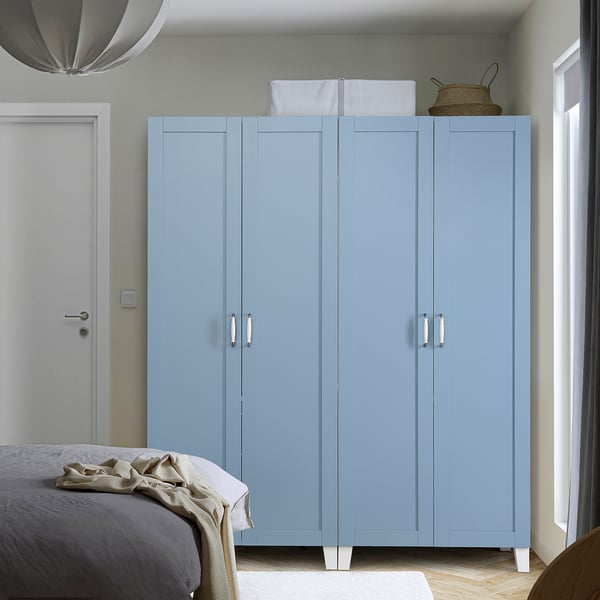 PLATSA wardrobe with 4 doors, white/Sannidal blue, 160x57x191 cm