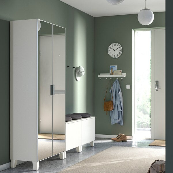 PLATSA - Wardrobe with 4 doors, white STRAUMEN mirror glass /FONNES white, 200x42x191 cm