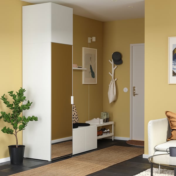 PLATSA wardrobe with 4 doors, white STRAUMEN mirror glass/FONNES white, 140x57x241 cm