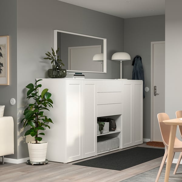 PLATSA - PLATSA Wardrobe with 4 doors+3 drawers, white FONNES white/SANNIDAL white, 240x57x123 cm