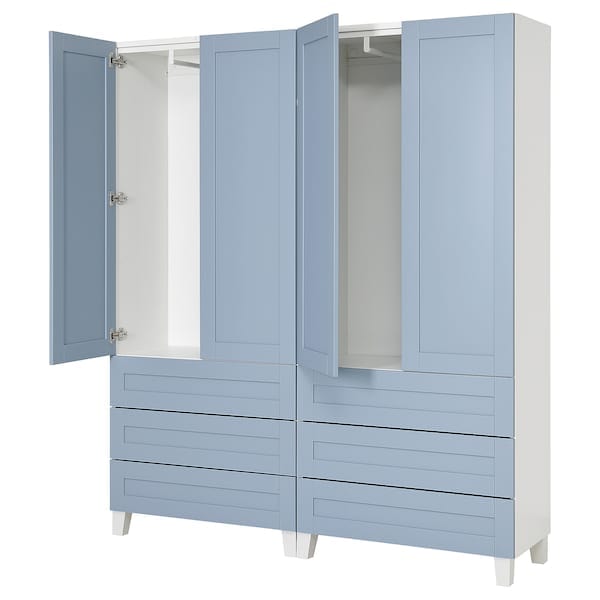 PLATSA - Wardrobe with 4 doors+6 drawers, white/Sannidal blue, 160x42x191 cm