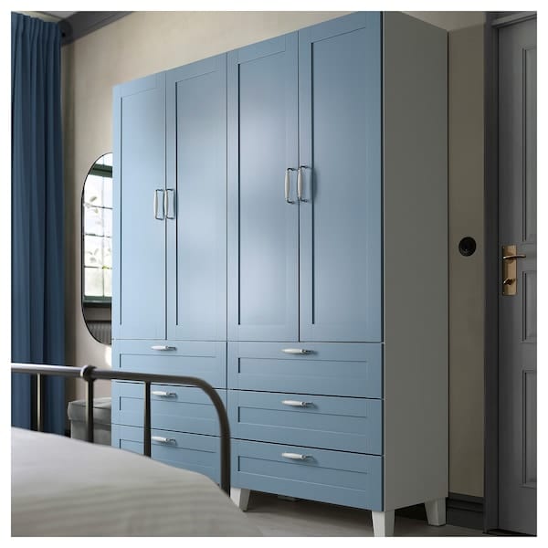 Ikea PLATSA - Wardrobe with 4 doors+6 drawers, white/Sannidal blue, 160x42x191 cm