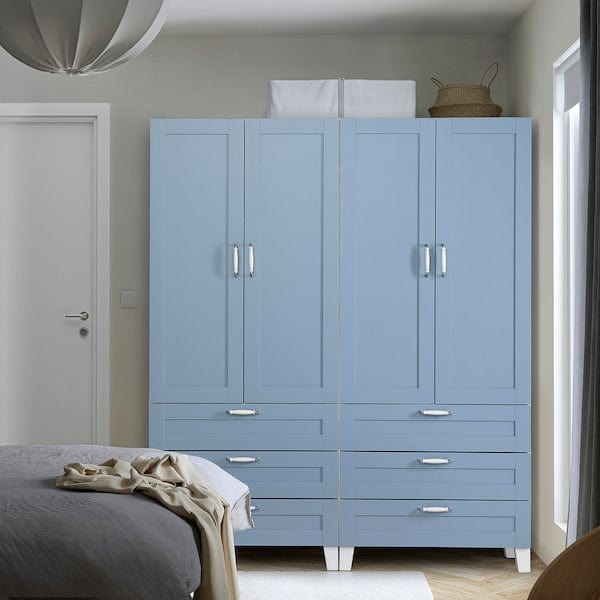 Ikea PLATSA - Wardrobe with 4 doors+6 drawers, white/Sannidal blue, 160x42x191 cm