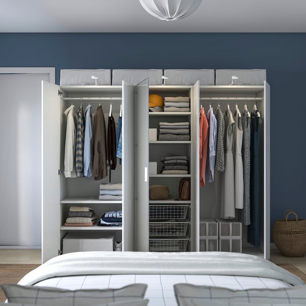 PLATSA wardrobe with 5 doors, white STRAUMEN mirror glass/FONNES white, 220x57x181 cm