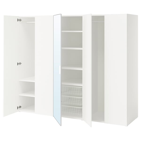 PLATSA wardrobe with 5 doors, white STRAUMEN mirror glass/FONNES white, 220x57x181 cm