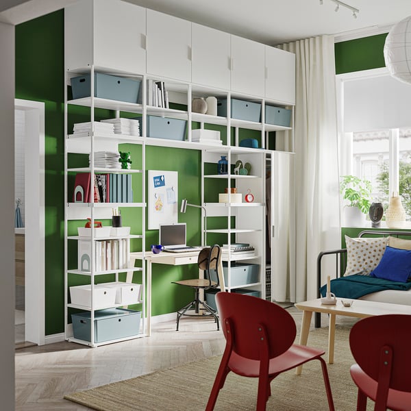 PLATSA - Wardrobe w 6 doors, white STRAUMEN mirror glass /FONNES white, 300x42x301 cm