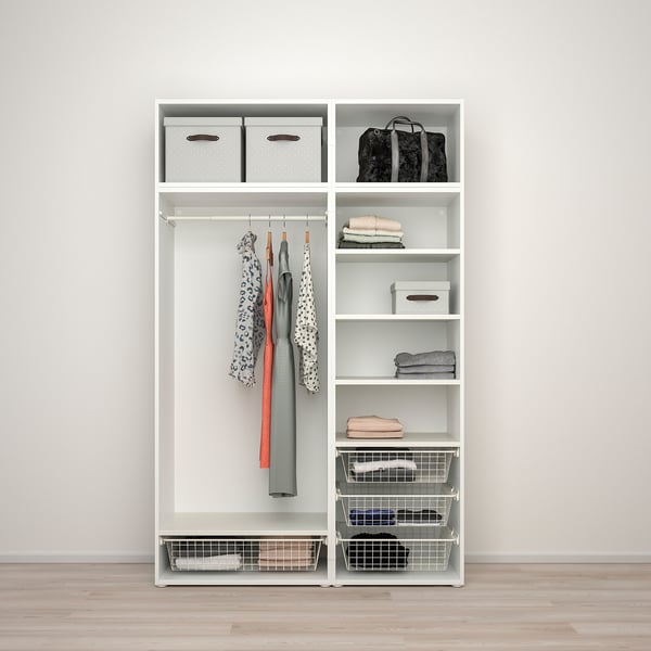 PLATSA wardrobe w 6 doors, white STRAUMEN mirror glass/SANNIDAL white, 140x57x221 cm