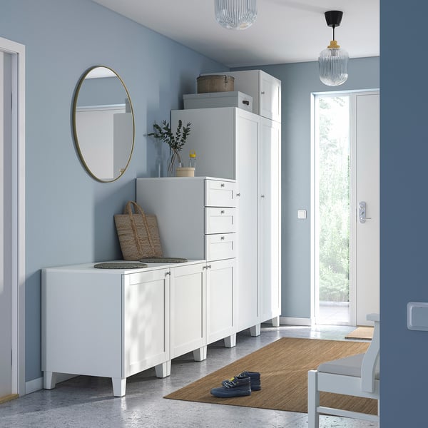 PLATSA wardrobe with 6 doors+3 drawers, white/Sannidal white, 300x57x231 cm