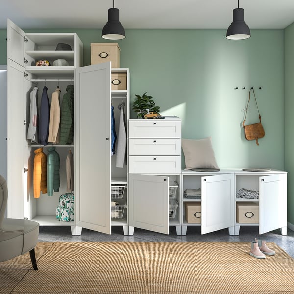 PLATSA - Wardrobe with 6 doors+3 drawers, white/Sannidal white, 300x57x231 cm
