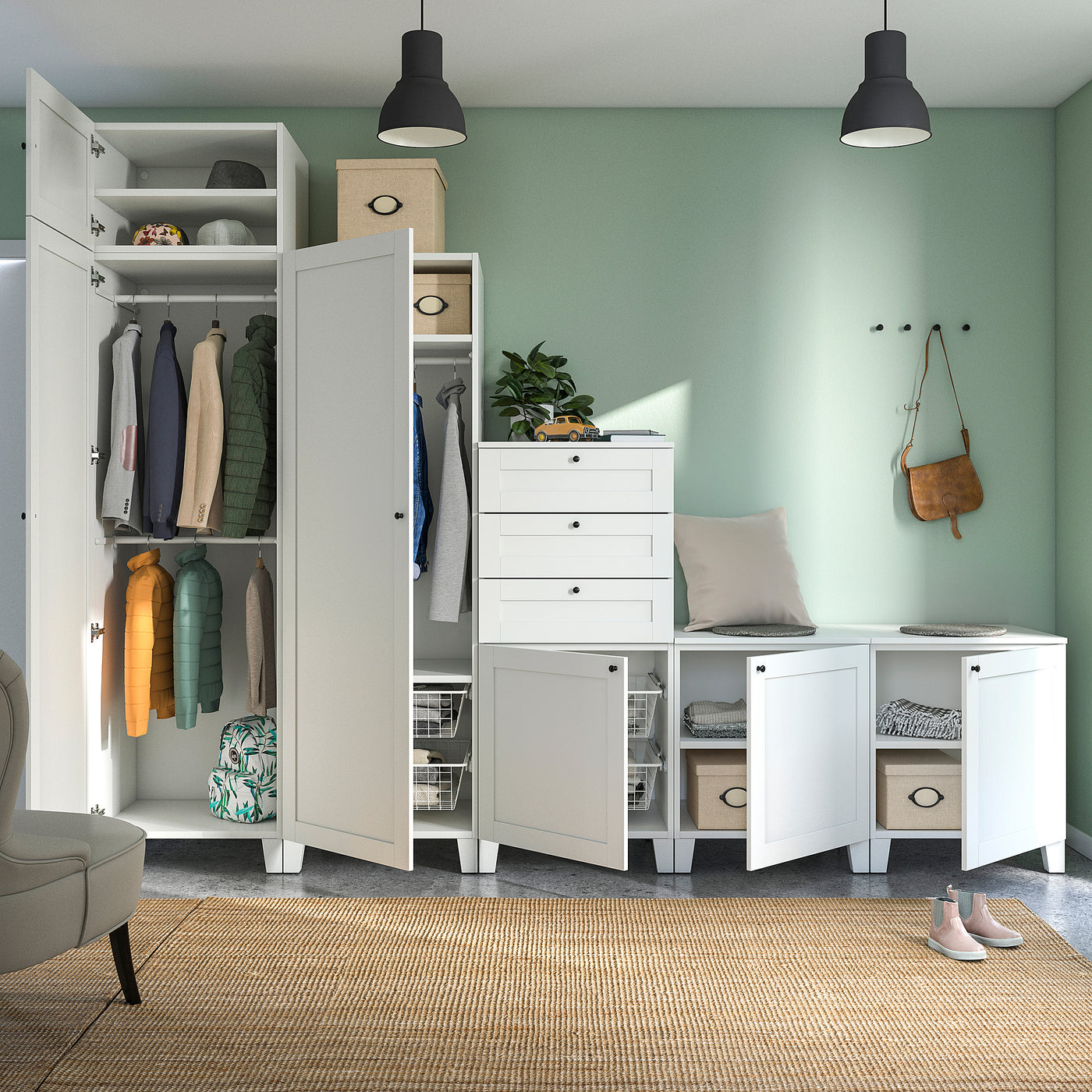 PLATSA wardrobe with 6 doors+3 drawers, white/Sannidal white, 300x57x231 cm