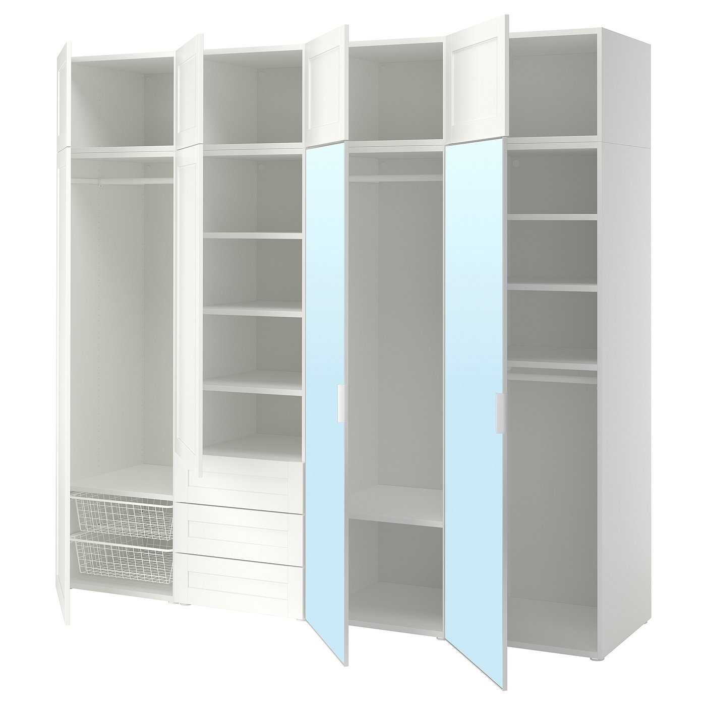 PLATSA wardrobe with 8 doors+3 drawers, white STRAUMEN mirror glass/SANNIDAL white, 240x57x221 cm
