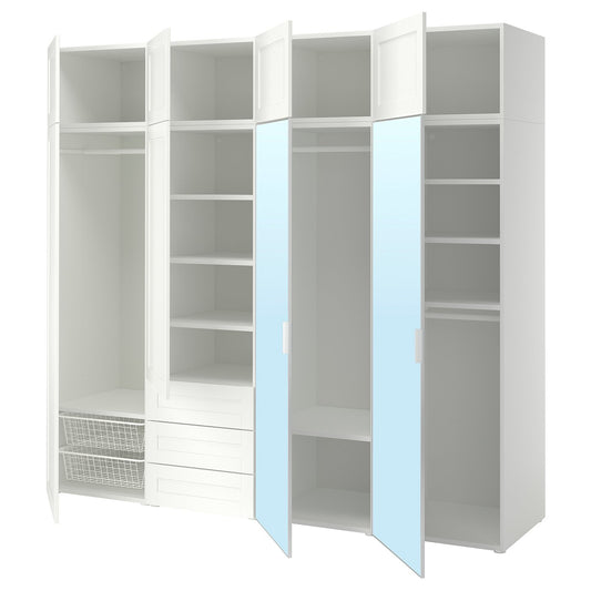 PLATSA wardrobe with 8 doors+3 drawers, white STRAUMEN mirror glass/SANNIDAL white, 240x221x57 cm