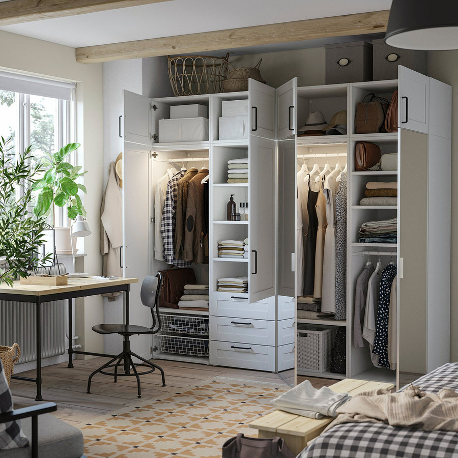 PLATSA wardrobe with 8 doors+3 drawers, white STRAUMEN mirror glass/SANNIDAL white, 240x57x221 cm