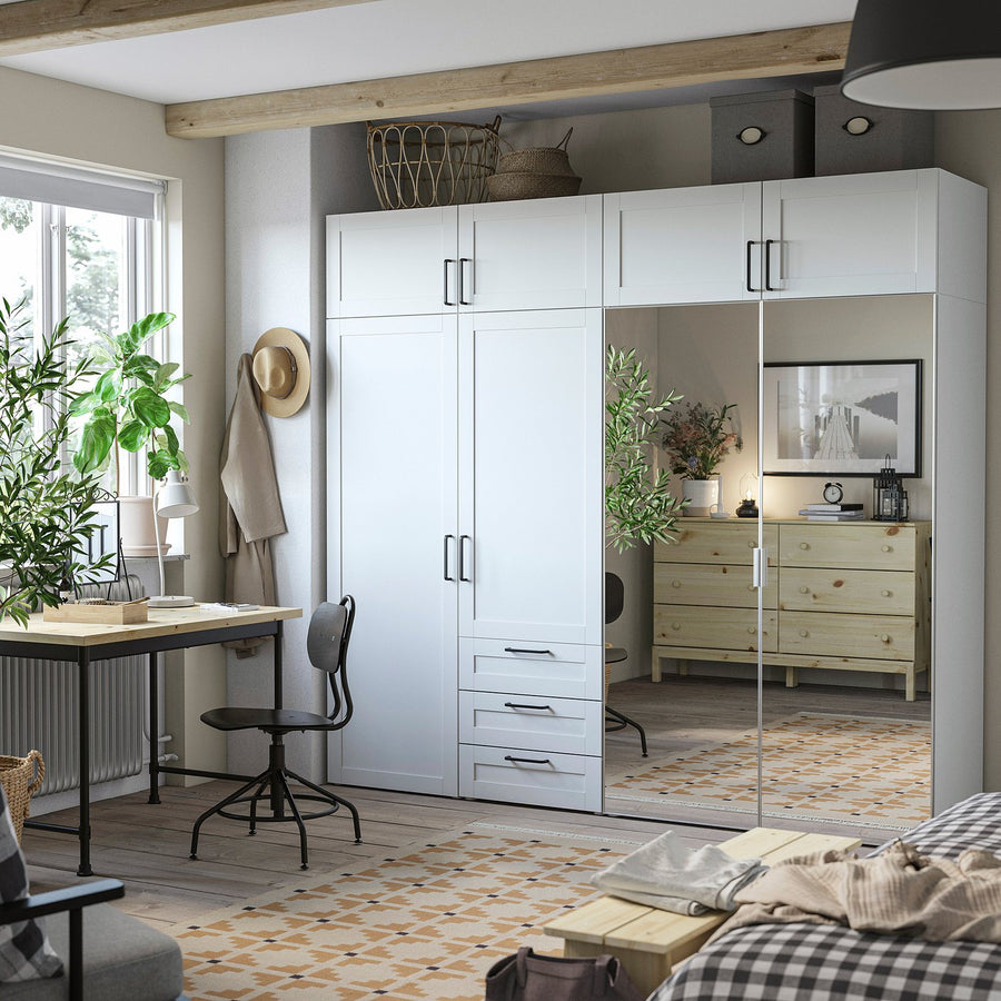 PLATSA wardrobe with 8 doors+3 drawers, white STRAUMEN mirror glass/SANNIDAL white, 240x57x221 cm