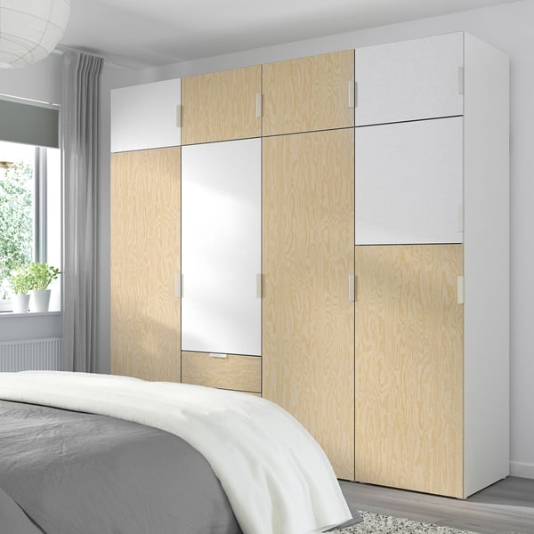 PLATSA wardrobe with 9 doors+3 drawers, white Kalbåden/lively pine effect FONNES white, 240x57x221 cm