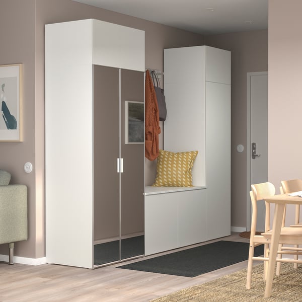 PLATSA - Wardrobe with 9 doors, white STRAUMEN mirror glass /FONNES white, 260x42x221 cm