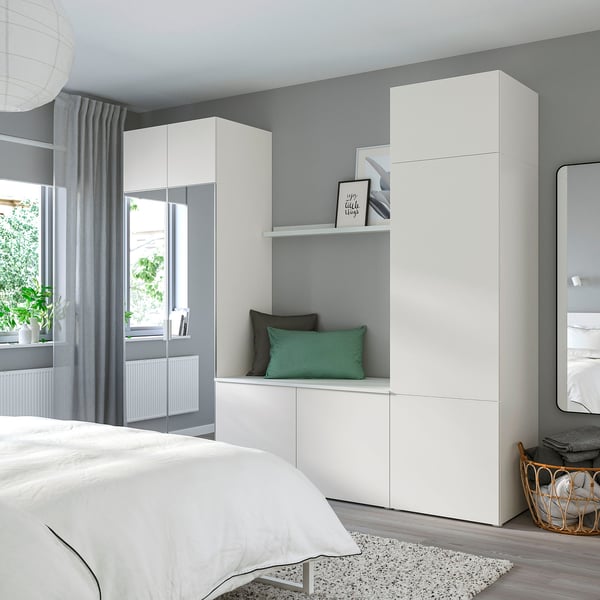 PLATSA - Wardrobe with 9 doors, white STRAUMEN mirror glass /FONNES white, 260x42x221 cm