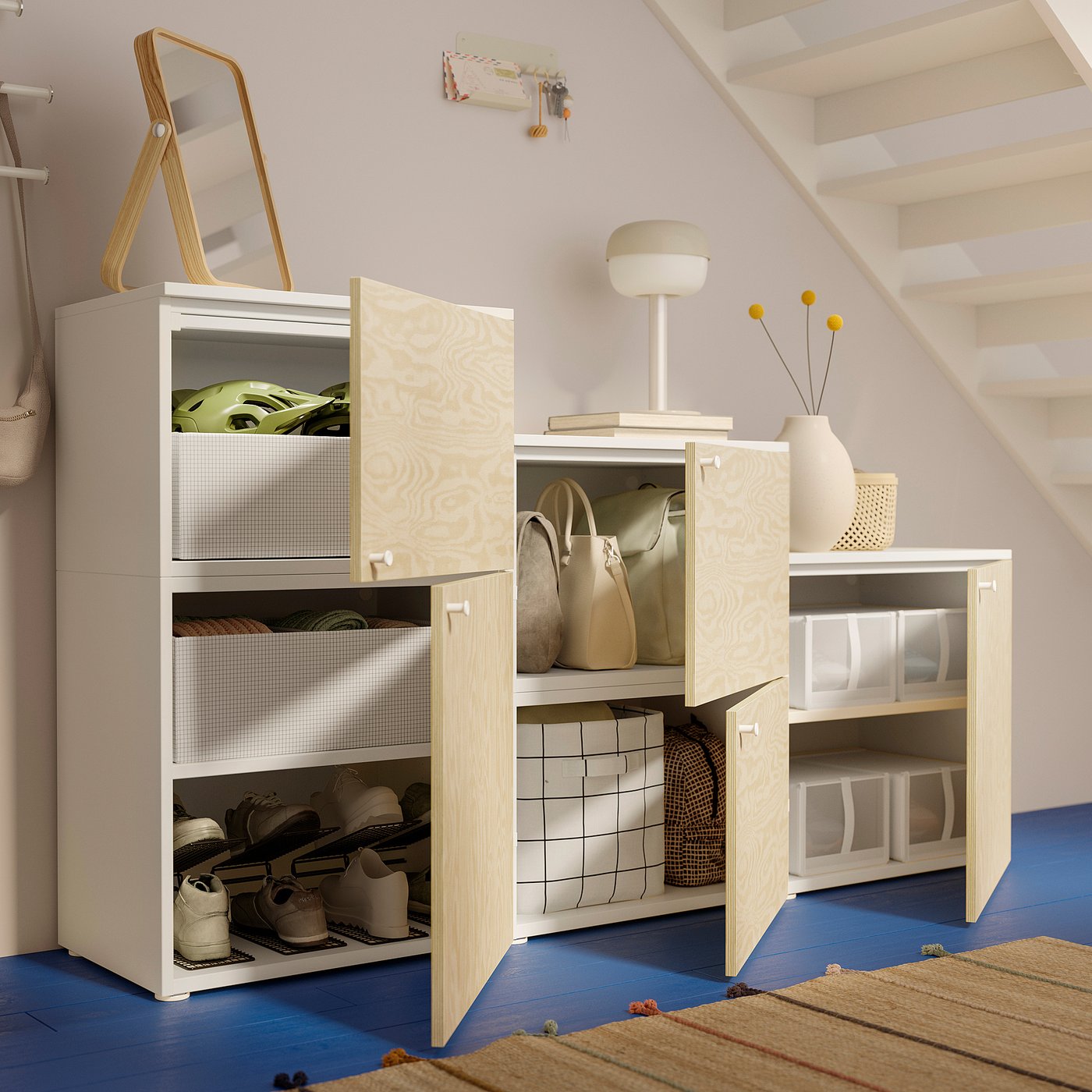 PLATSA cabinet with 5 doors, white/Kalbåden lively pine effect, 180x42x103 cm