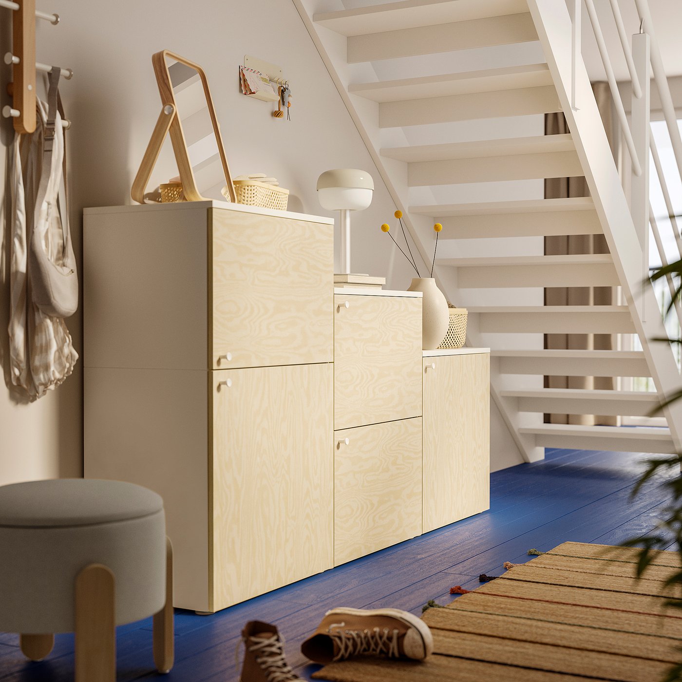 PLATSA cabinet with 5 doors, white/Kalbåden lively pine effect, 180x42x103 cm