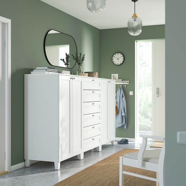 PLATSA cabinet with doors and drawers, white/SANNIDAL white, 240x57x133 cm