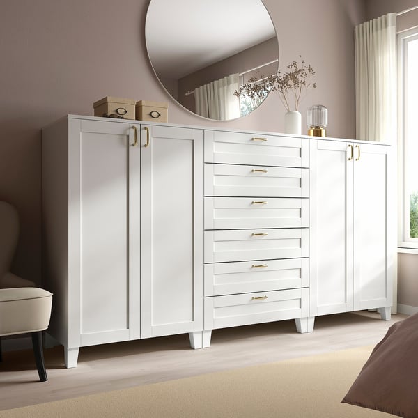 PLATSA cabinet with doors and drawers, white/SANNIDAL white, 240x57x133 cm