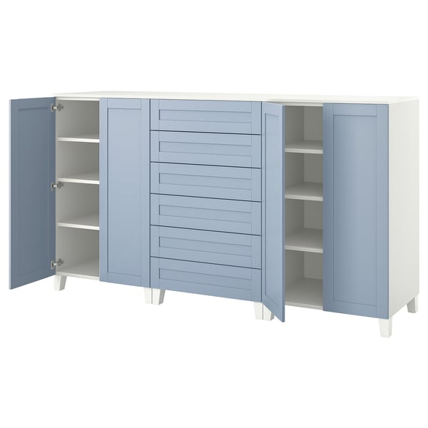 PLATSA - PLATSA Cabinet with doors and drawers, white/Sannidal blue, 240x57x133 cm