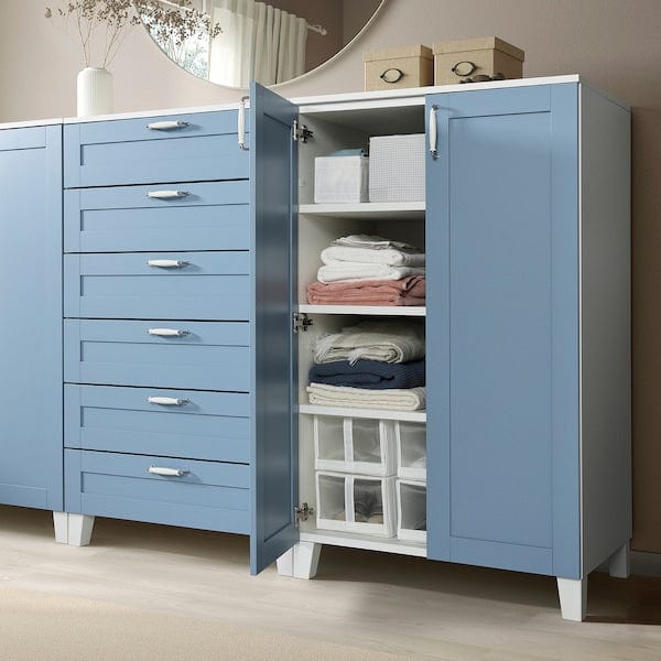 Ikea PLATSA - Cabinet with doors and drawers, white/Sannidal blue, 240x57x133 cm