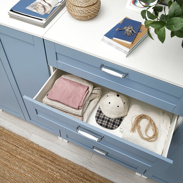 PLATSA - PLATSA Cabinet with doors and drawers, white/Sannidal blue, 240x57x133 cm
