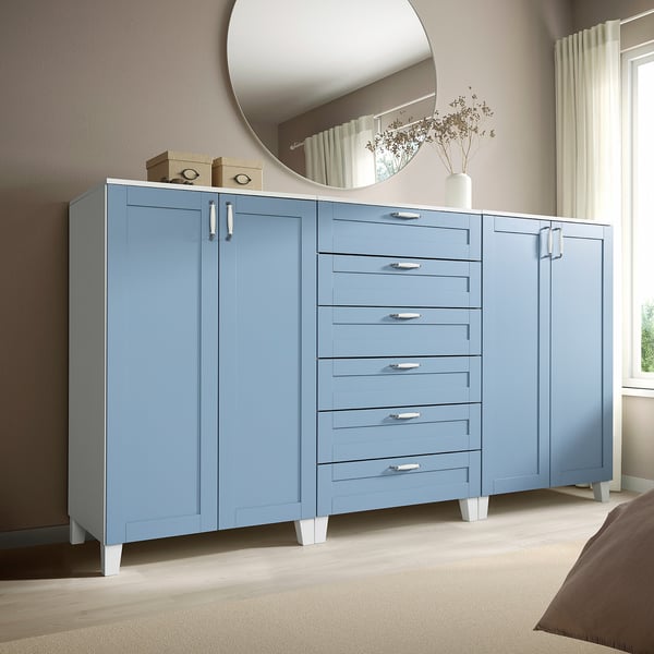 PLATSA - PLATSA Cabinet with doors and drawers, white/Sannidal blue, 240x57x133 cm