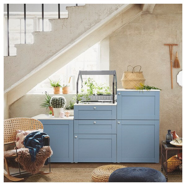 PLATSA cabinet with doors and drawers, white/Sannidal blue, 180x57x103 cm