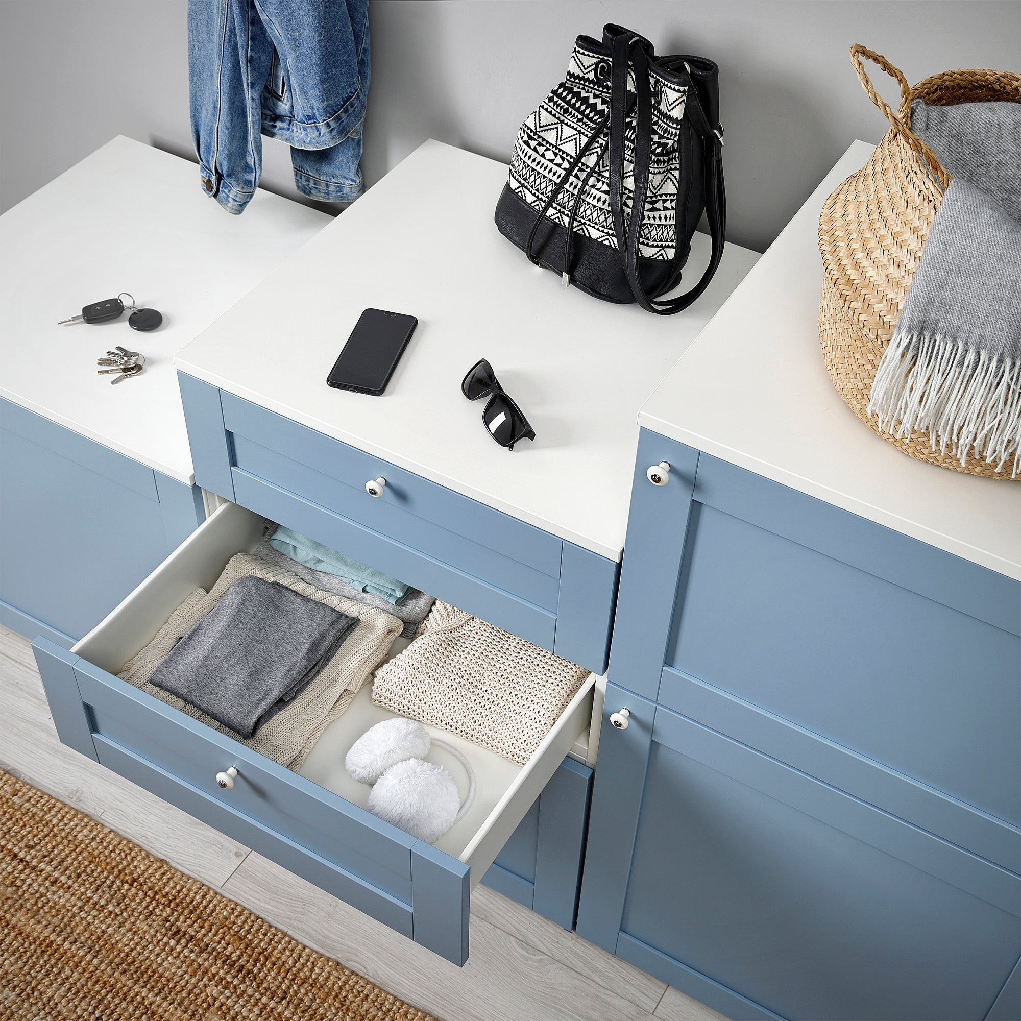 PLATSA cabinet with doors and drawers, white/Sannidal blue, 180x57x103 cm