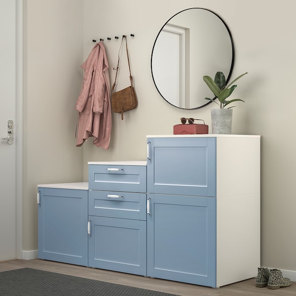 PLATSA cabinet with doors and drawers, white/Sannidal blue, 180x57x103 cm
