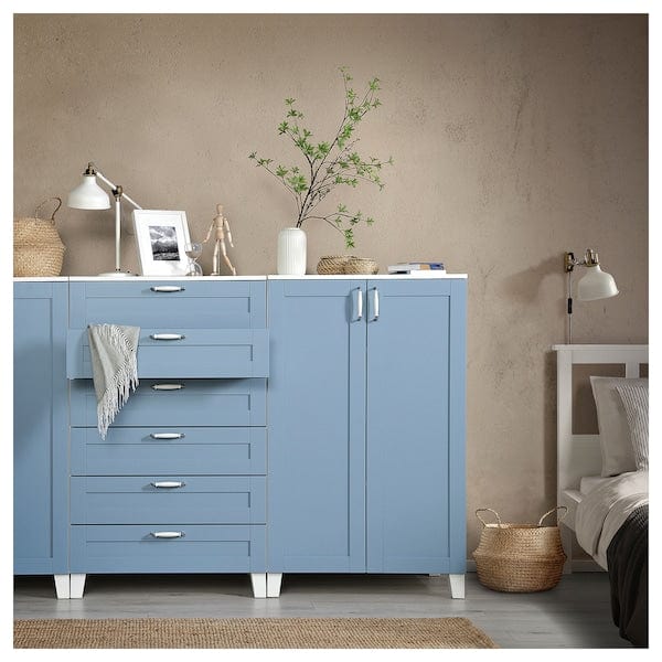 Ikea PLATSA - Cabinet with doors and drawers, white/Sannidal blue, 240x57x133 cm