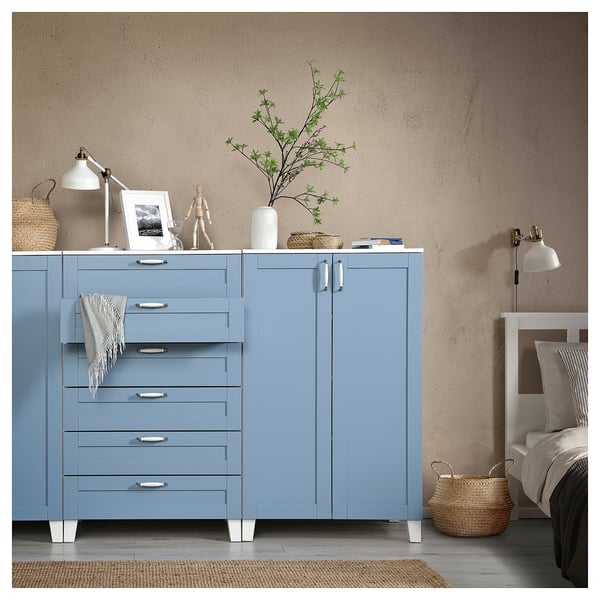 PLATSA - PLATSA Cabinet with doors and drawers, white/Sannidal blue, 240x57x133 cm