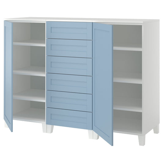 PLATSA cabinet with doors and drawers, white Sannidal/blue, 180x57x133 cm