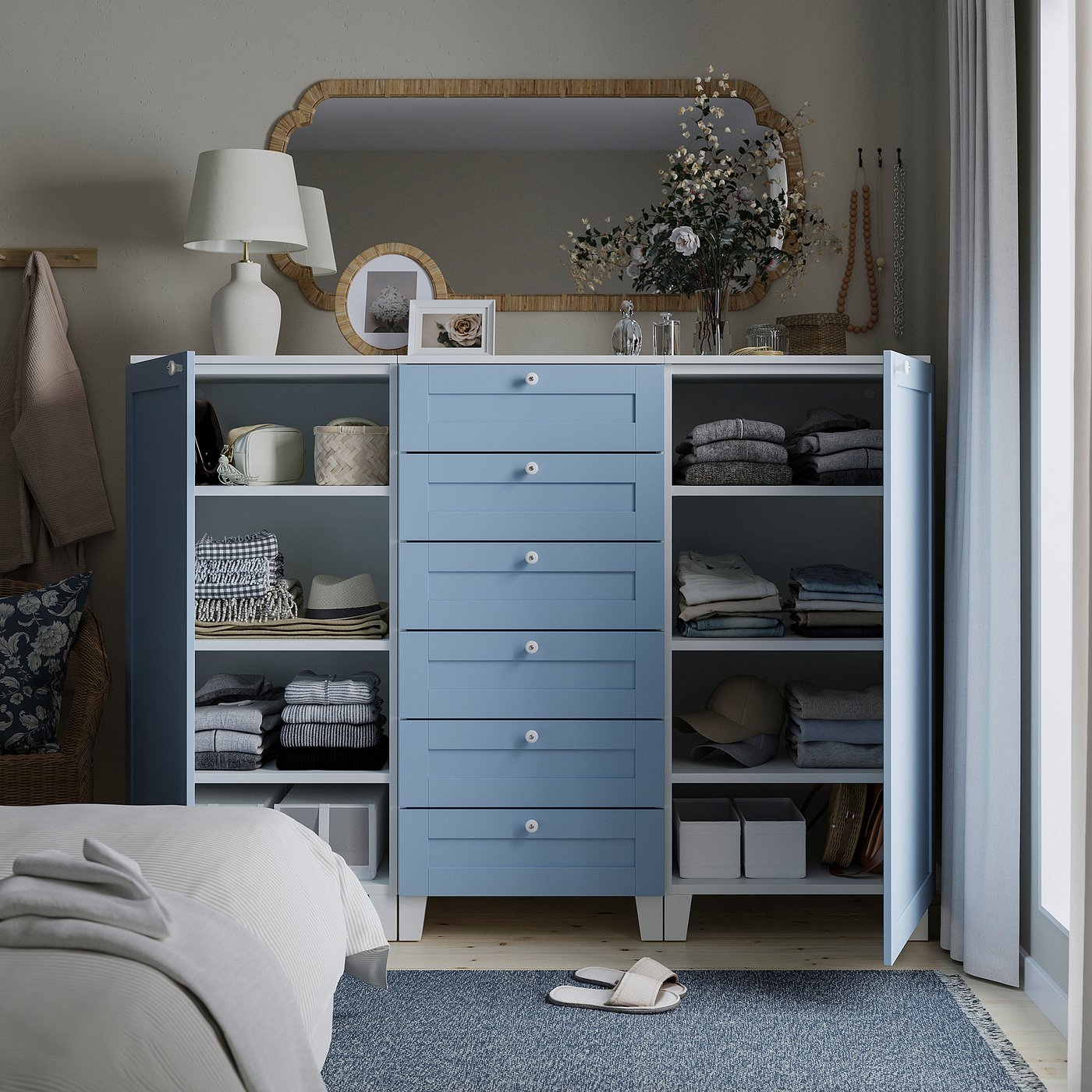 PLATSA cabinet with doors and drawers, white Sannidal/blue, 180x57x133 cm